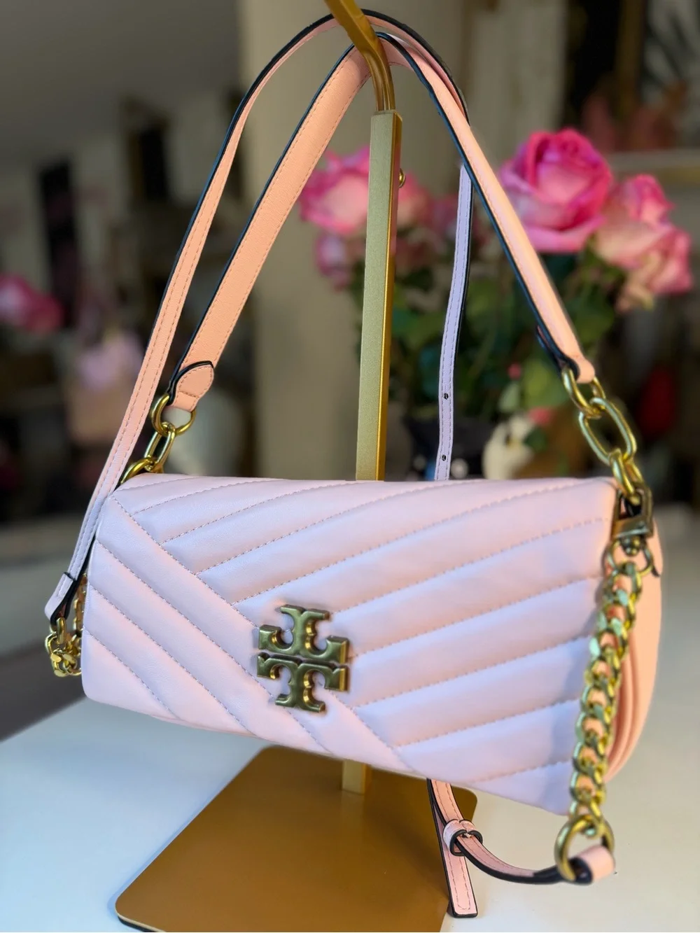 Tory Burch Kira Chevron Small Flap Pink Gold Shoulder Bag Logo 💕🛍️